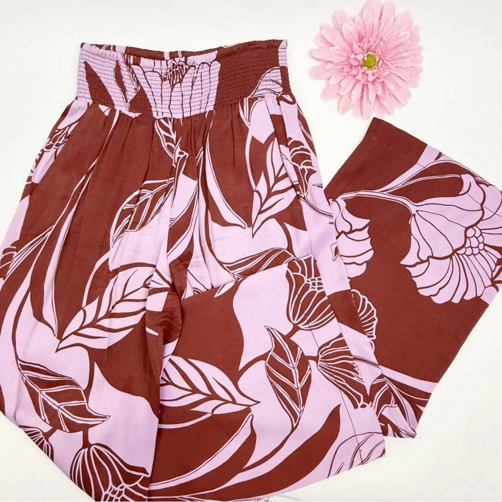 Maeve X Anthropologie Saria Smocked Wide Leg Pants Lilac Floral Tropical